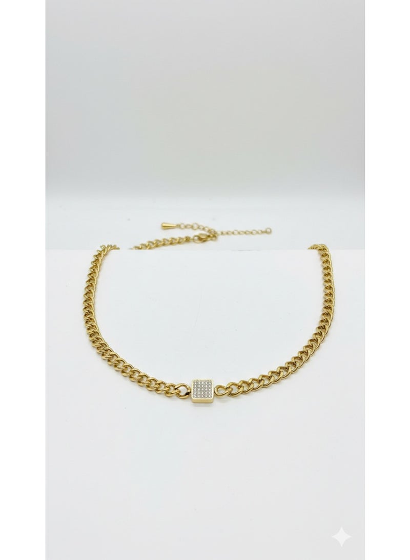 WARD Elegant Gold-Tone Stainless Steel Link Chain Necklace featuring a Sparkling Crystal Square Charm. - Image 1